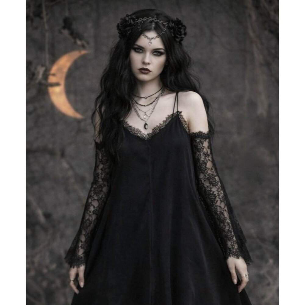 Zara Black Silky Eyelash Lace Asymmetrical Slip Dress Sz S Dark Romantic‎ Goth